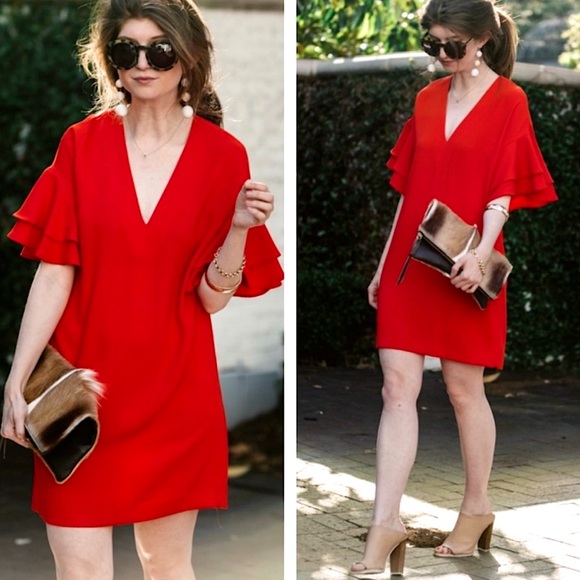 ❤️ Zara Red Mini V Neck Shift Dress Medium Short Ruffle Sleeves - Picture 3 of 7